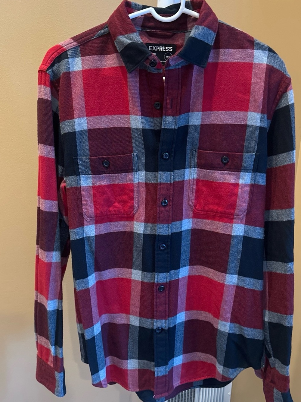 Express Men's Red and Navy Plaid Button-Down Shirt